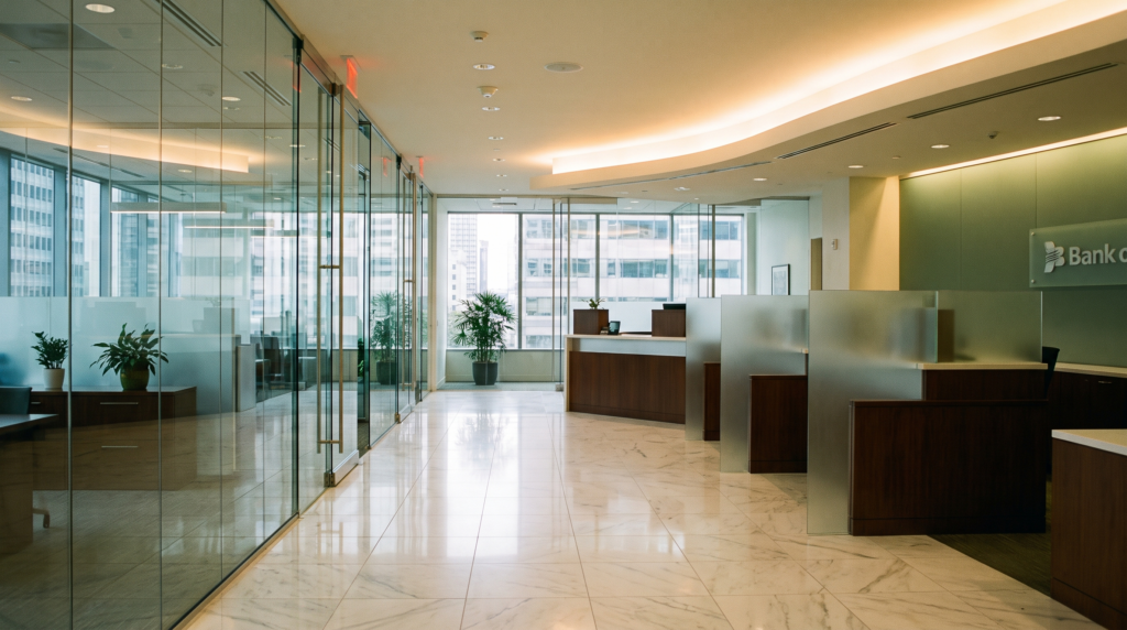 Modern bank branch interior welcoming immigrants to open a bank account in the USA