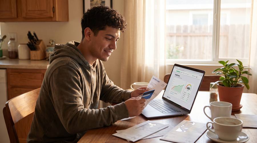Young Latino man reviewing credit score on laptop while holding a credit card