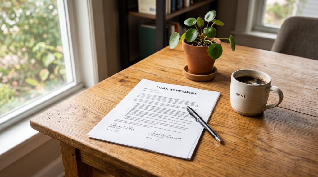 A loan agreement document on a wooden desk with a pen, plant and coffee mug