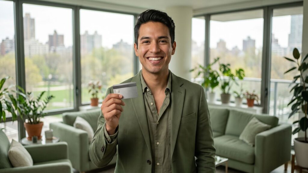 Latino man holding credit card in modern apartment - best credit cards that accept ITIN