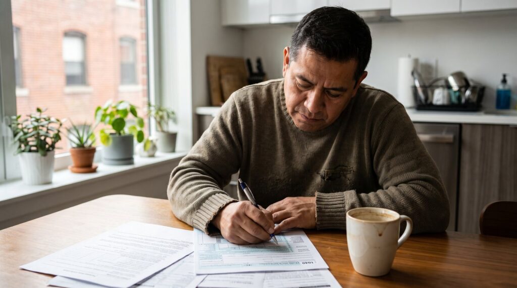 Latino man filling out IRS W-7 tax form at kitchen table