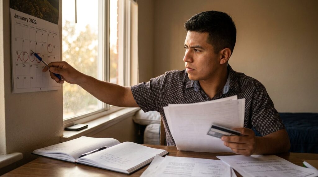 Young Latino immigrant man pointing at calendar with financial documents and credit card at desk
