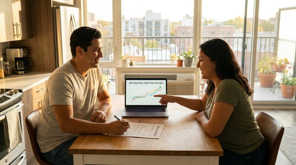 Latino couple at kitchen table with laptop showing rent reporting credit score increase graph and lease agreement
