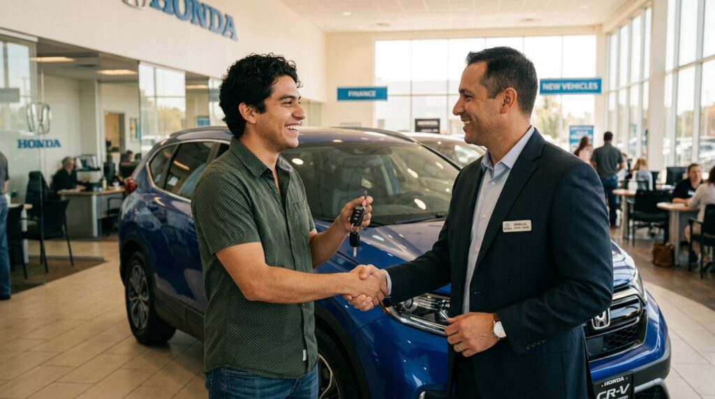 Young Latino man shaking hands with car dealer at Honda dealership holding car keys