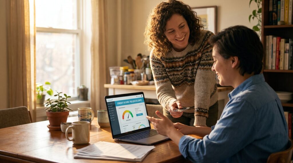 Two people at a kitchen table discussing credit card sharing to build credit score