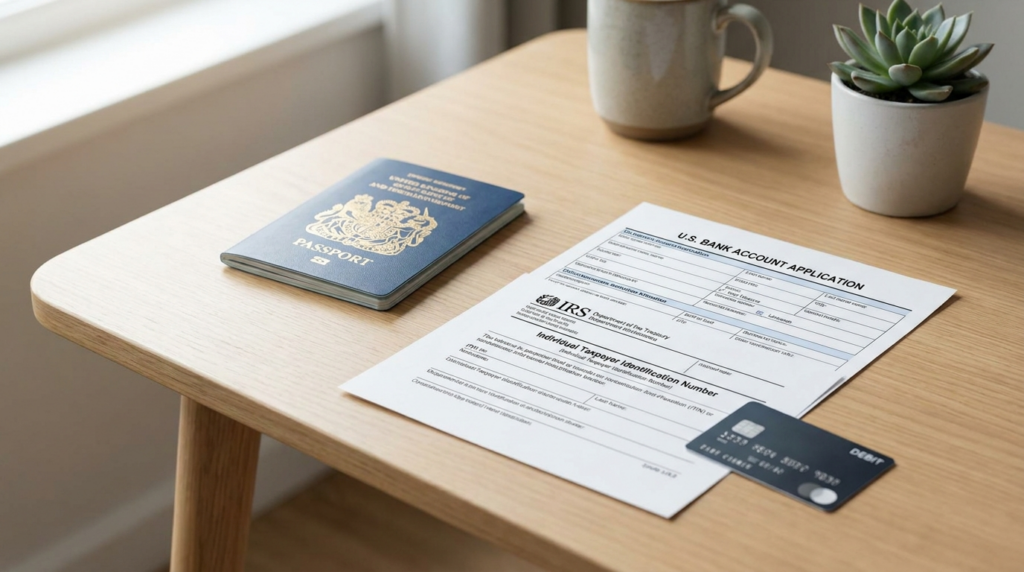 US bank account application form with ITIN letter, passport and debit card on a desk