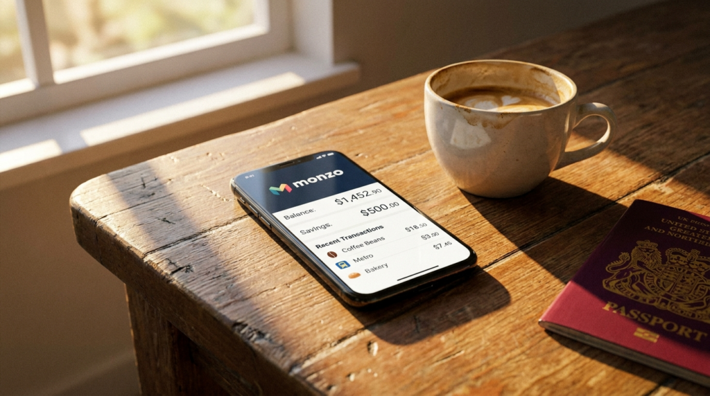 Smartphone showing neobank app dashboard for immigrants in the USA