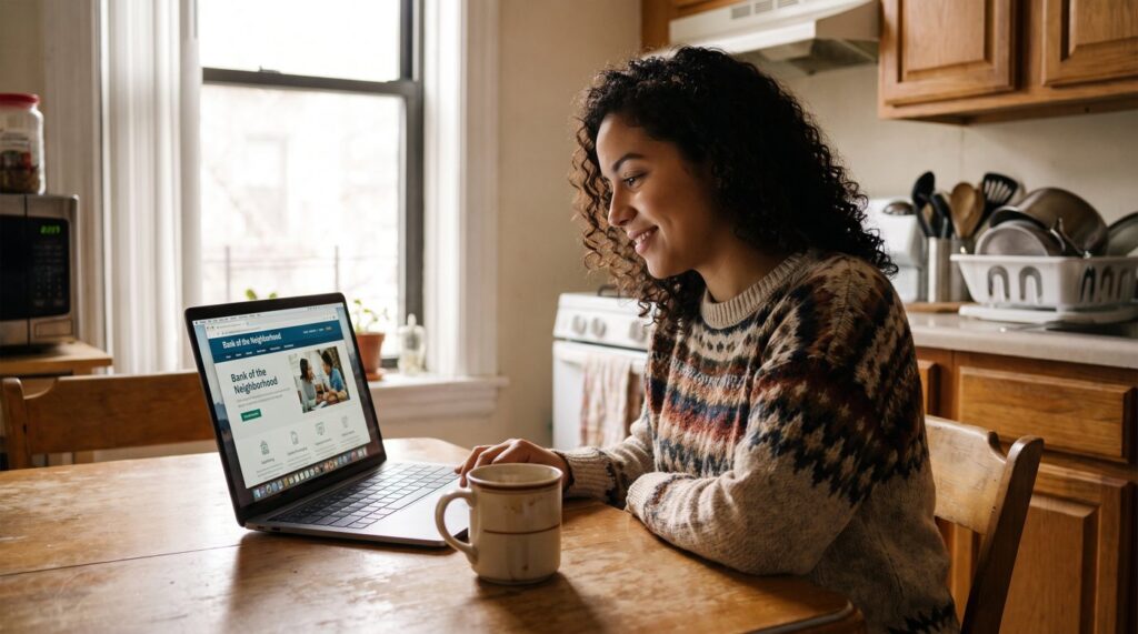 Latino immigrant woman opening a bank account online without SSN