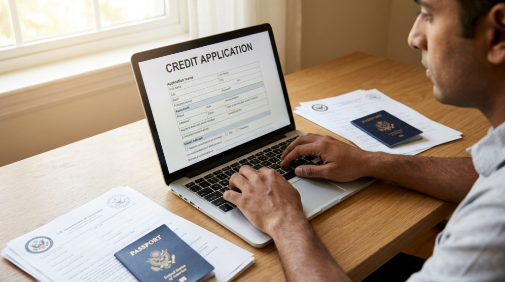 Immigrant reviewing Nova Credit application on laptop with passport and US documents