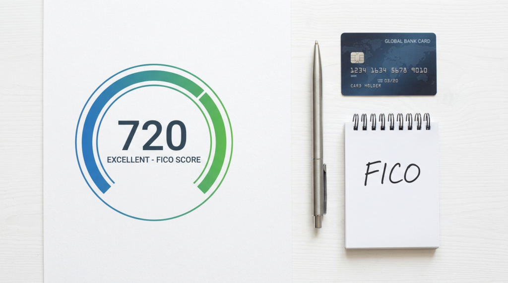 FICO score gauge showing 720 with credit card and notepad on white desk