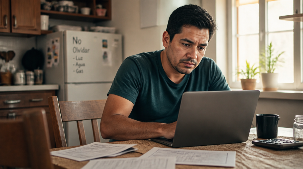 Latino immigrant man carefully reviewing tax documents on laptop at kitchen table