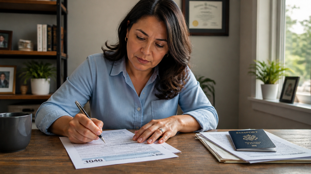 Hispanic woman filling out IRS Form W-7 for ITIN renewal at home desk