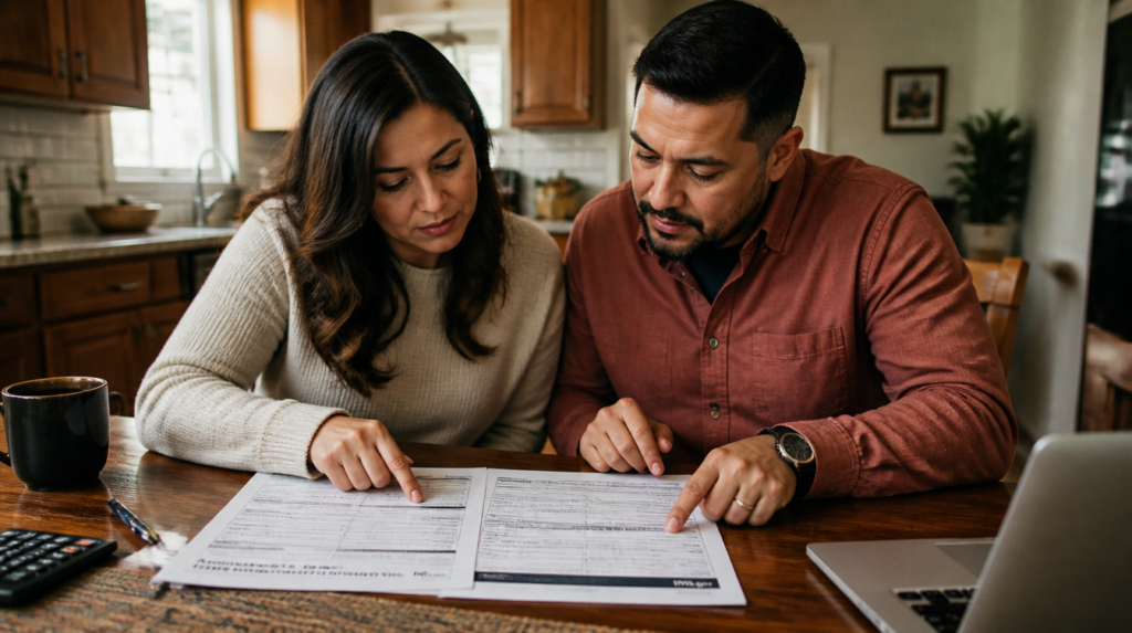Latino couple reviewing IRS Form W-7 ITIN application at kitchen table
