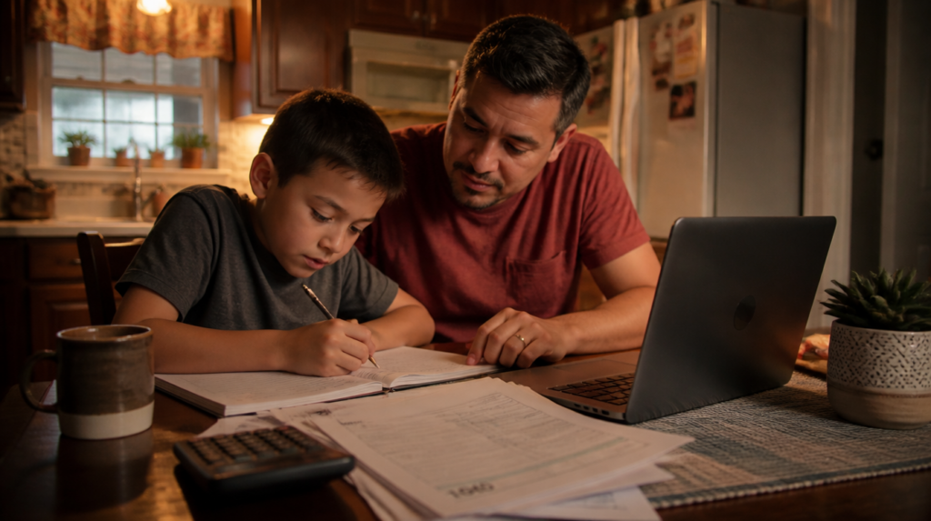 Latino immigrant father reviewing child tax credit documents with young child