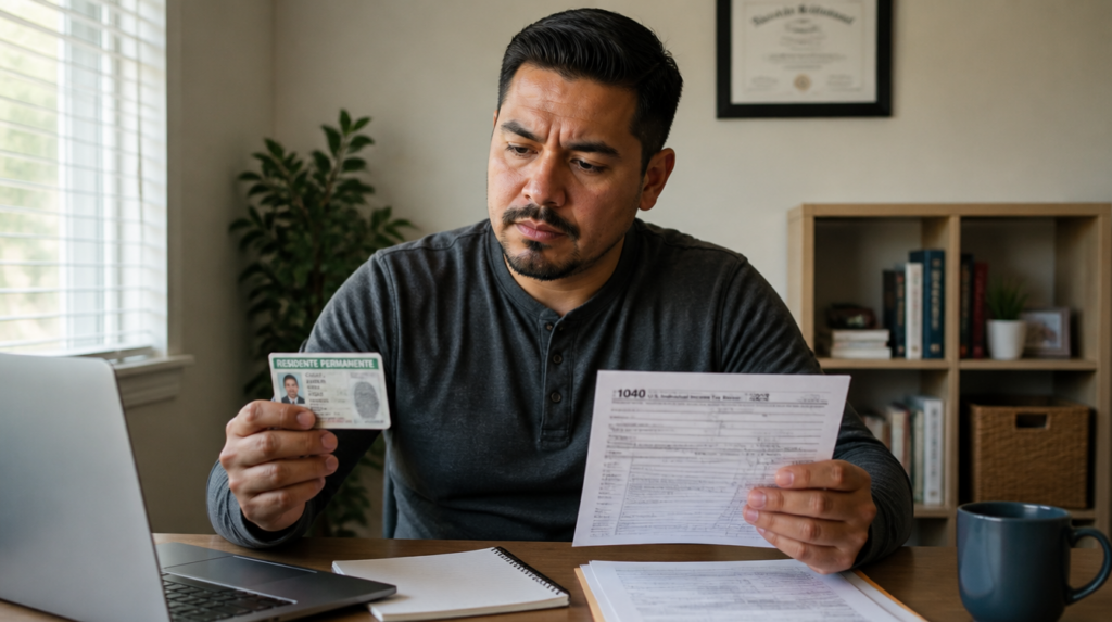 Latino immigrant man comparing ITIN and Social Security Number documents
