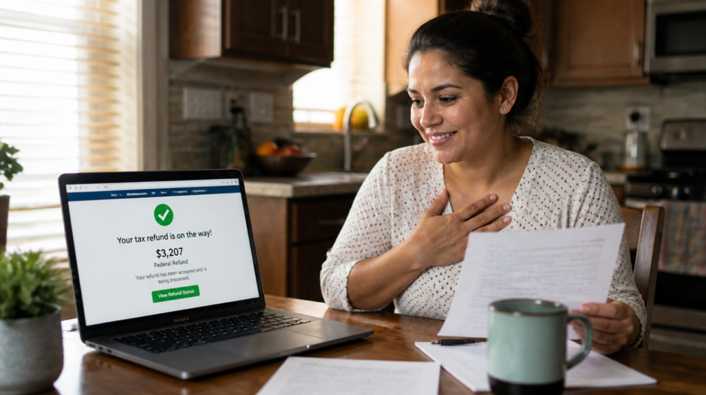Hispanic woman checking tax refund status on laptop with ITIN documents